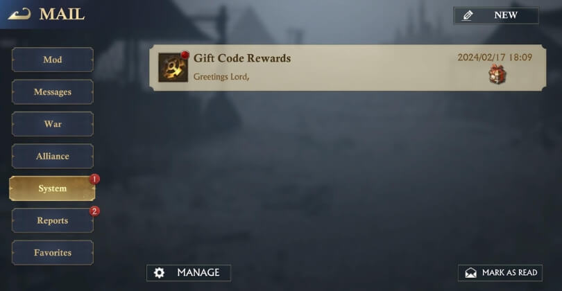 Gift code rewards in mail 