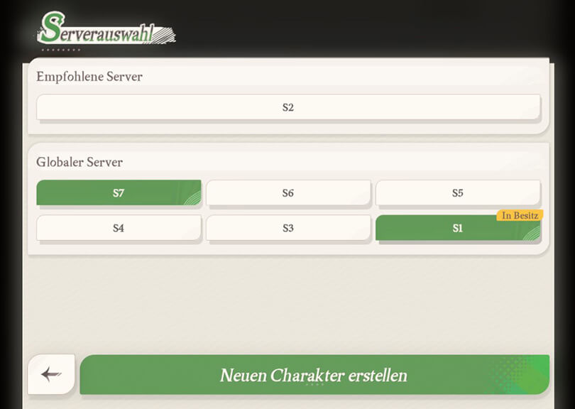 Einen neuen Charakter auf einem Server erstellen