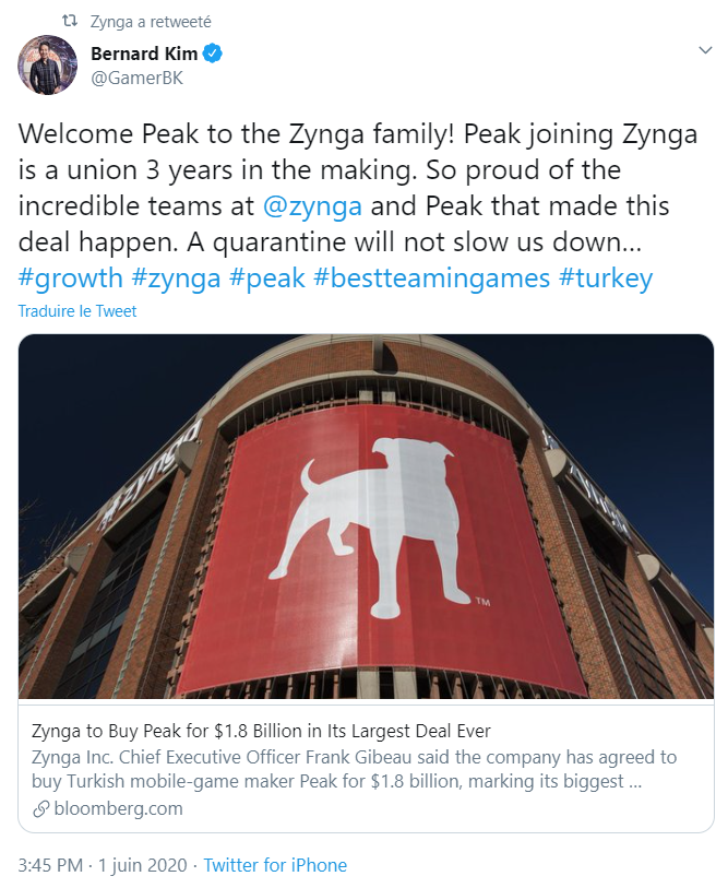 Peak Games racheté par Zynga pour 1,8 milliard de dollars