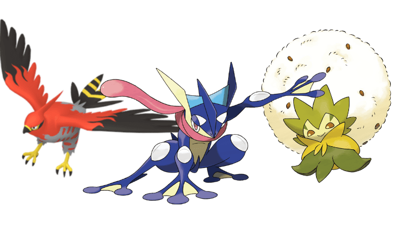 Flambusard, Amphinobi et Blancoton dans Pokémon Unite 