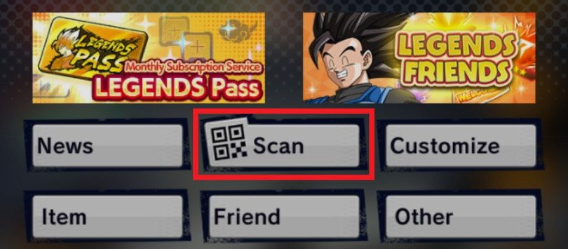 Menu for scanning QR codes Dragon Ball Legends