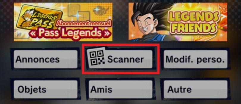 Menu pour scanner les QR Code Dragon Ball Legends