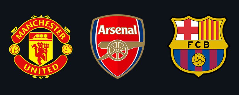 Logo de Manchester United, Arsenal et Barcelone, avec les licences officielles des équipes dans eFootball 2023 Mobile