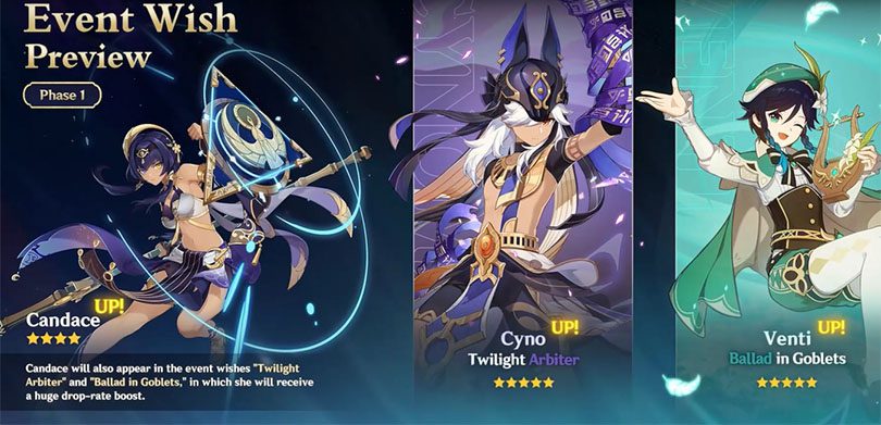 Cyno, Venti, and Candace Banners in Genshin Impact Update 3.1