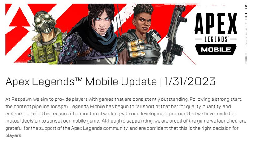 Post officiel annonce fermeture Apex Legends Mobile définitive en mars